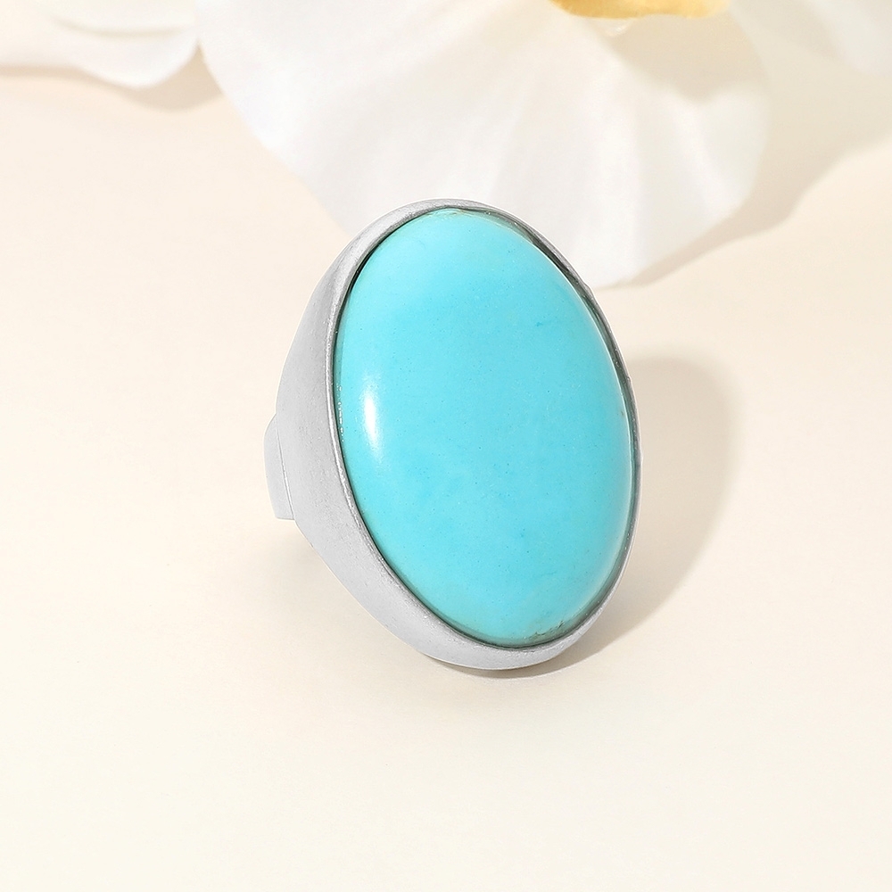 Turquoise Oval Natural Stone Adjustable Bold Statement Ring Boho Jewelry Silver